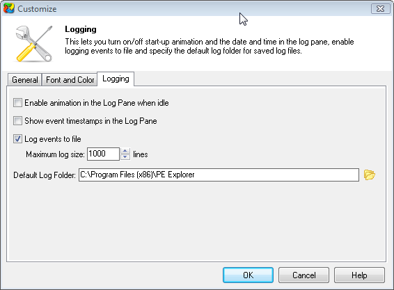 PE Explorer logging options