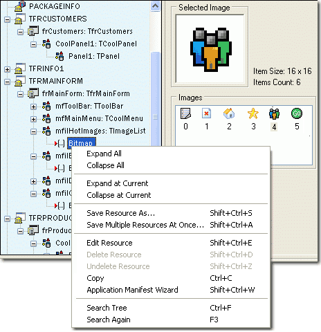All the found objects with all assigned properties and events are displayed in a hierarchical tree