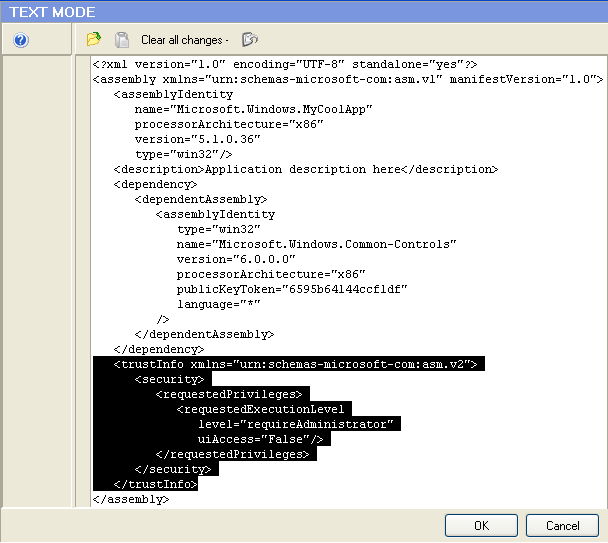 Insert the TrustInfo section into the manifest Insert the TrustInfo section