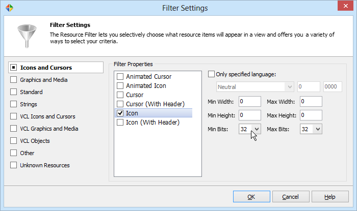 Resource Filter settings