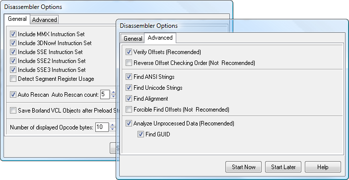 The Options window displays the disassembly options Options window