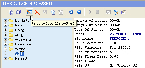 Open the version info for editing using the Resource Editor button Open the Version Info in the Resource Editor