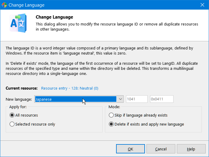 Select the new language Select the new language