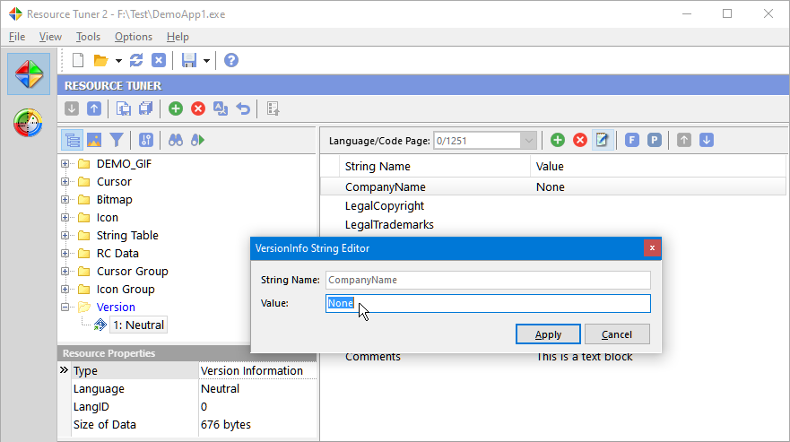Edit StringFileInfo value entry StringFileInfo