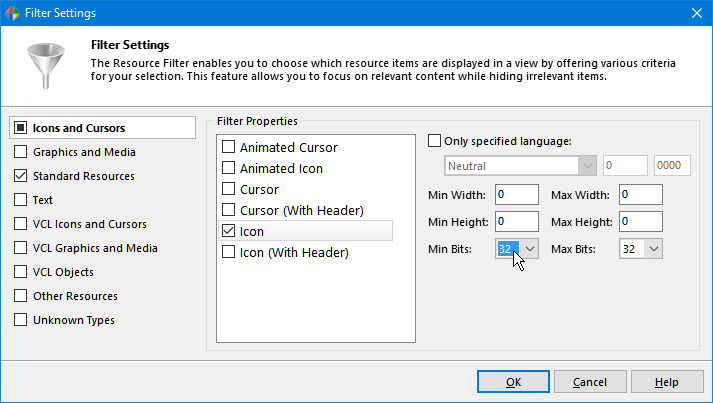 Resource Filter settings