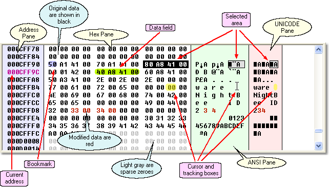 Hex pane and the optional ANSI and UNICODE panes display the data being edited hex editor