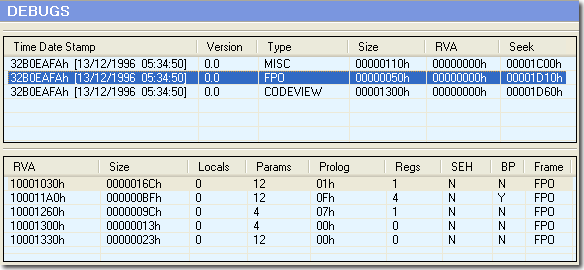 Debug information contained in the file Debug information viewer